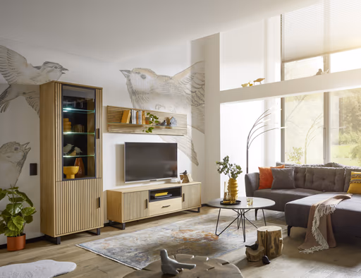 Vitrine- Eiche furniert, Schwarz, Glas