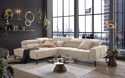 Ecksofa COLLEEN 2.0 - Ecke links mit 2-Sitzer, Kopfteil verstellbar, Feincord, Sand