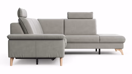 Ecksofa Tulsa KS - 2,5-Sitzer, Spitzecke und 1,5-Sitzer mit Anstellhocker aufklappbar rechts,  inkl. Kopfstütze, AL verstellbar und Schlaffunktion, Leder, Graubeige