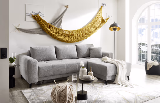 Ecksofa JONI - 2-Sitzer, Ecke rechts inkl. Schlaffunktion mit Bettkasten, Stoff, Hellgrau