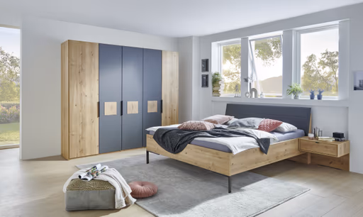 Schlafzimmer - inkl. Polsterkopfteil, Bianco-Eiche-Nachbildung, Lava Dekor, Absetzung Hirnholz, 