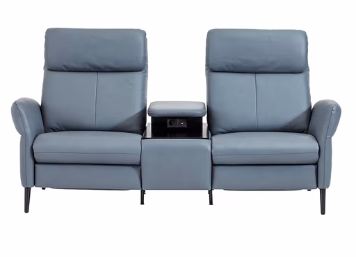 Sofa Fresno - 2-Sitzer inkl. Relaxfunktion motorisch mit Zwischenelement schwarz, inkl. Tisch/USB/Steckdose, Leder Hellblau