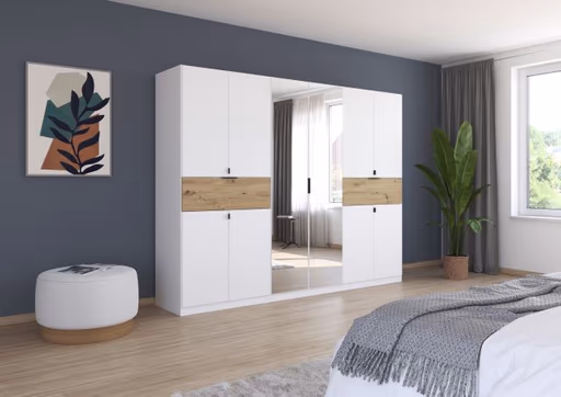 Drehtürenschrank- B ca. 271 cm, Weiß, Eiche Dekor, Spiegel