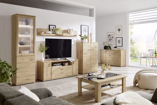 Wohnwand EM Locarno - mit Wandboard, Beleuchtung, Rückwandschroppung, Risseiche