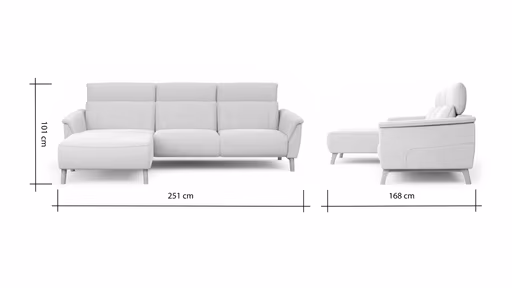 Ecksofa Nevin - Longchair links mit 2-Sitzer rechts, inkl. Kopfpolsterverstellung, Stoff, Weiß
