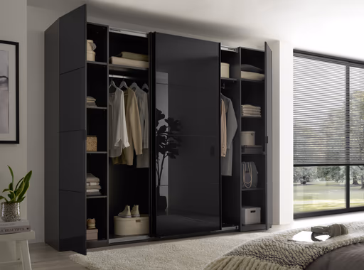 Schwebe- Drehtürenschrank - B. ca. 267 cm, Grauglas, Graphit