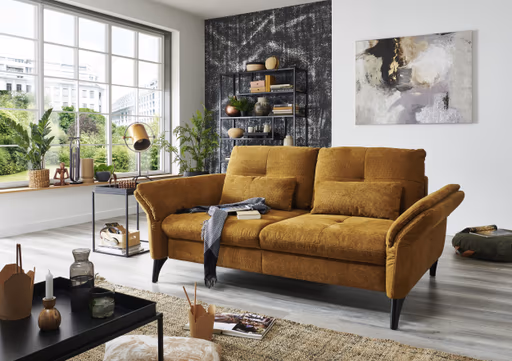 Schlafsofa - 2-Sitzer inkl. Bettfunktion, Armteil verstellbar, Stoff, Gelb