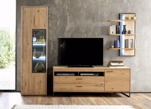 Wohnwand - mit Beleuchtung, Eiche teilmassiv