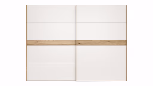 Schwebetürenschrank Viana - B ca. 301 cm, Lack, Weiß, Riffholz, Balkeneiche