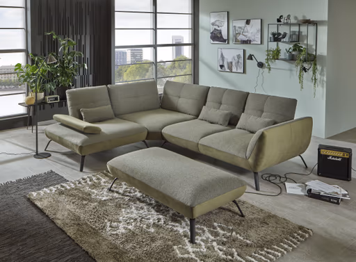 Sofa - 1-Sitzer mit Trapezecke und 3-Sitzer, inkl. Schwenkrücken und Nierenkissen, Stoff, Olivgrün