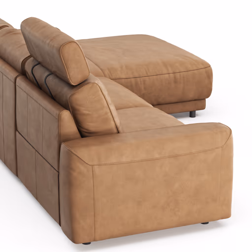 Ecksofa Balok - 2,5-Sitzer mit Longchair groß rechts, inkl. Relaxfunktion (motorisch) und Kopfstütze, Leder, Cognac