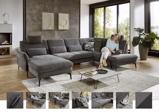 Wohnlandschaft - Longchair links mit 2,5-Sitzer und Ecke rechts, Stoff Anthrazit