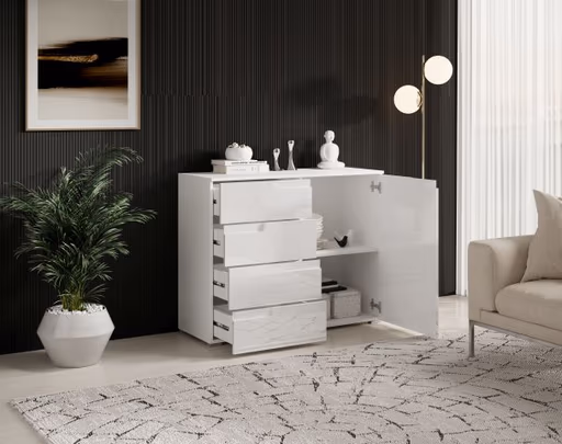 Kommode - B ca. 100 cm, Weiß, Weiß Hochglanz