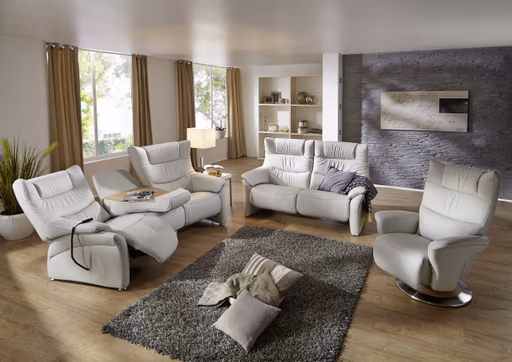 Trapezsofa EM Aarhus - mit Cumulyfunktion elektrisch inkl. ausklappbarer mittl. Rücken, Leder, Silbergrau