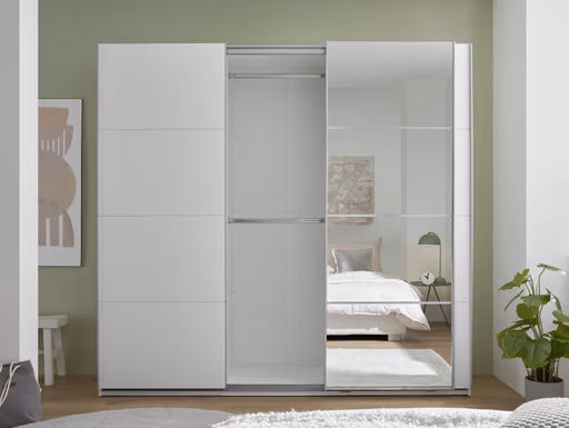 Schwebetürenschrank- B ca. 215 cm, Weiß, Spiegel