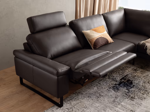 Ecksofa Enna - 3-Sitzer mit Ecke rechts inkl. motorischer Relaxfunktion, Leder, Mocca