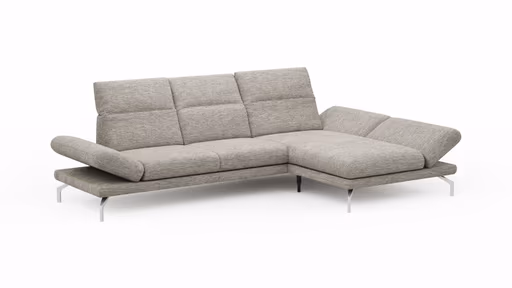 Ecksofa Elena - 2-Sitzer mit Longchair rechts, Kopfteil/Armlehne verstellbar, Stoff, Silbergrau