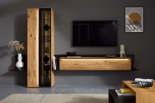 Wohnwand mit Beleuchtung - Asteiche massiv