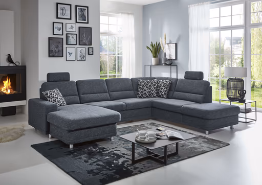 Wohnlandschaft - Longchair links mit 2,5-Sitzer und Ecke rechts, Stoff Dunkelblau