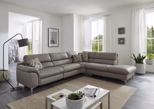 Ecksofa - 2,5-Sitzer mit Ecke rechts, Kopfteil verstellbar, Leder, Granit