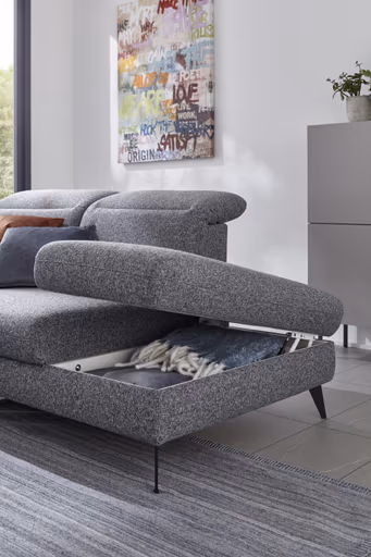 Ecksofa Alegria - 2,5-Sitzer mit Ecke rechts inkl. Schlaffunktion und Kopfteil/ Armteil/ Sitztiefe verstellbar, Stoff, Graublau