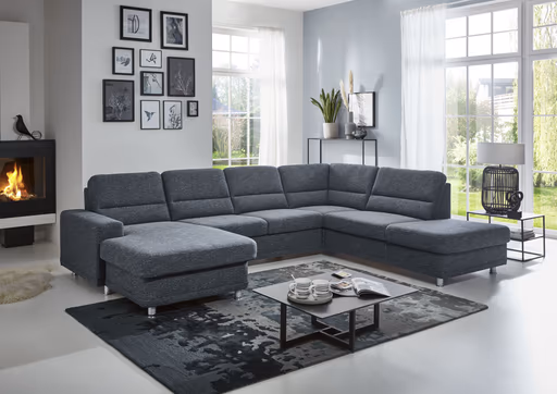 Wohnlandschaft - Longchair links mit 2,5-Sitzer und Ecke rechts, Stoff Dunkelblau