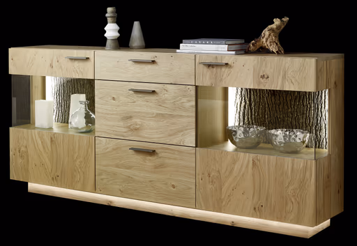 Sideboard - mit Beleuchtung, Kernwildasteiche Furnier, Nischenrückwand echte Baumrinde