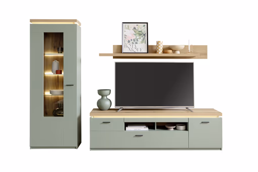 TV-Lowboard - mit Beleuchtung, B ca. 195 cm, Salbeigrün, Eiche Evoke Nachbildung