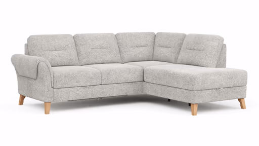 Ecksofa Almyra - 2,5-Sitzer mit Ottomane rechts, inkl. Schlaffunktion und Bettkasten, Stoff, Silbergrau