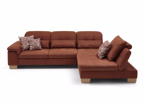 Ecksofa - 3-Sitzer mit Longchair rechts, inkl. Kopfteil/Armlehne verstellbar, Stoff, Rubin