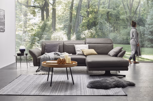 Ecksofa Rockport B - 2,5-Sitzer mit Longchair rechts inkl. Kopfteil/Sitztiefe/Armlehne verstellbar, Leder, Grau