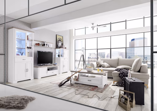 Vitrine - mit Beleuchtung, Weiß, Eiche Dekor