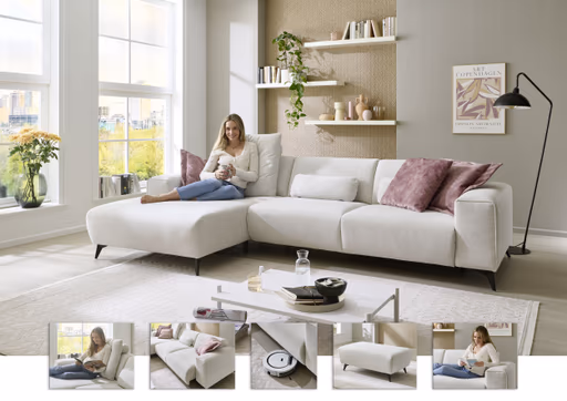 Ecksofa - Longchair links mit 3-Sitzer, Stoff, Natur