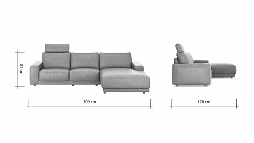 Ecksofa Balok - 2,5-Sitzer mit Longchair groß rechts, inkl. Relaxfunktion (motorisch) und Kopfstütze, Leder, Dunkelbraun