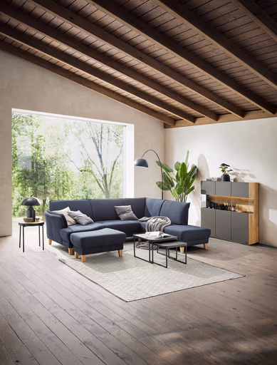 Sofa Stamford - 3,5-Sitzer, Bogen links mit Ecksofa 2-sitzig und Abschlusshocker Rechts, Stoff, Dunkelblau