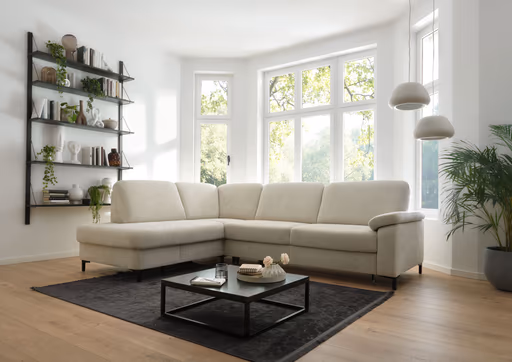 Ecksofa - Ecke links, 3-Sitzer inkl. Schlaffunktion mit Bettkasten, Premiumkopfstützen, 2 ZierkissenStoff, Beige