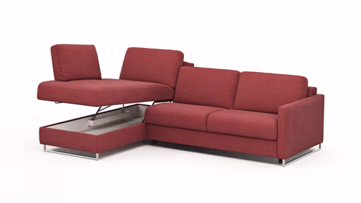 Ecksofa Nuoro - Longchair links mit 2-Sitzer inkl. Schlaffunktion und Bettkasten, Stoff, Rubin