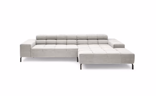 Ecksofa CLIVIA - 2-Sitzer mit Longchair rechts, Kopfteil verstellbar, Feincord, Silbergrau
