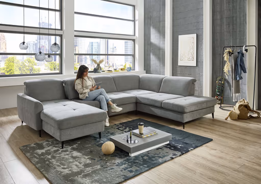 Wohnlandschaft - Longchair links mit 2,5-Sitzer und Ecke rechts, Sitztiefe verstellbar, Stoff, Grau