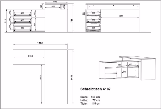 Winkelschreibtisch GRIFFIN - LB ca. 146x145 cm, Eiche Nachbildung, Graphit