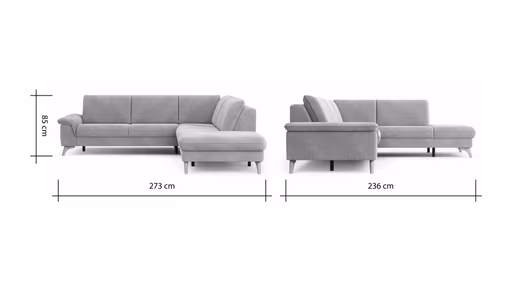 Ecksofa Tulsa KS - 2,5-Sitzer, Spitzecke und 1,5-Sitzer mit Anstellhocker rechts, Leder, Graubeige