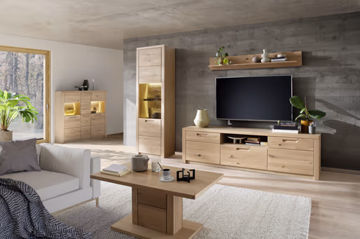TV-Lowboard - B ca. 202 cm, Eiche Nachbildung, Eiche massiv geölt