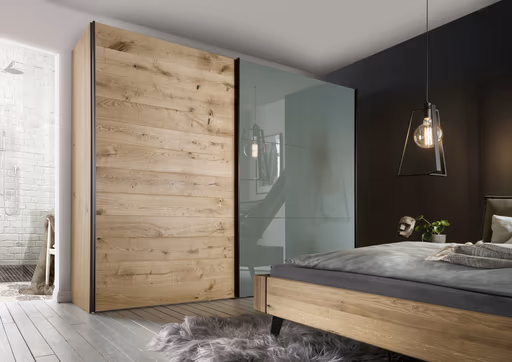 Schwebetürenschrank Colorado - B. ca. 257 cm, Eiche, Glas Graugrün