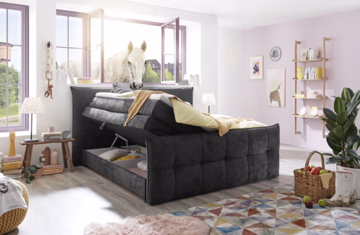 Boxspringbett- Liegefläche ca. 180x200 cm, Stoff, Schwarz