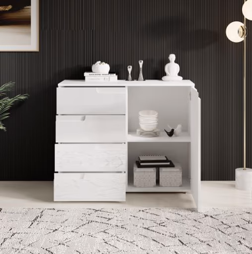 Kommode - B ca. 100 cm, Weiß, Weiß Hochglanz