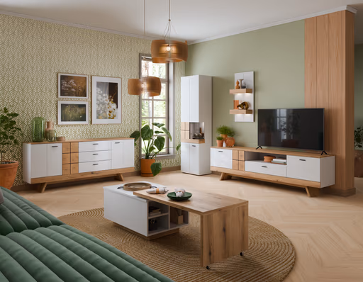 TV-Lowboard - B ca. 216 cm, Alpinweiß, Coast Evoke Eiche Nachbildung, Weiß Hochglanz