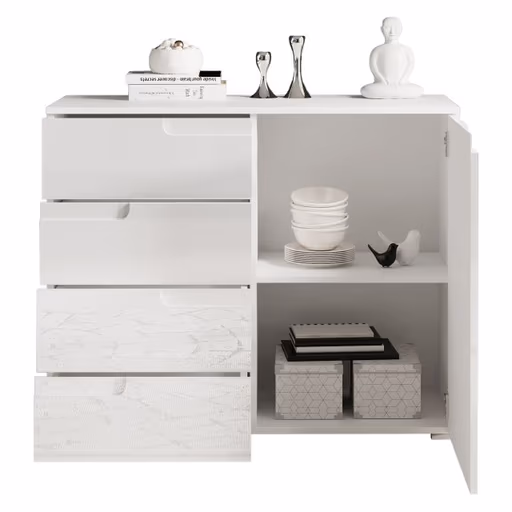 Kommode - B ca. 100 cm, Weiß, Weiß Hochglanz