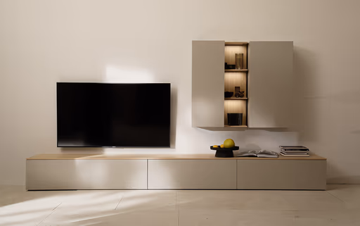 Wohnwand Venzone - B ca. 360 cm, Lack, Hellgrau, Eiche furniert