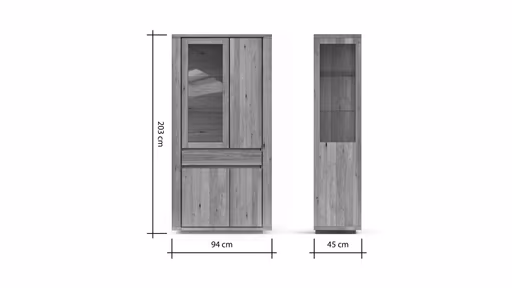 Vitrine Bakersfield - sichtbare Rückwand und Schublade geschroppt, Asteiche massiv, geölt