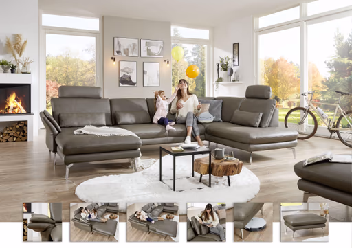 Wohnlandschaft - Longchair links mit 2,5-Sitzer und Ecke rechts, Leder, Dunkelgrau